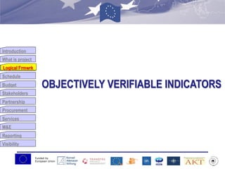 Funded by
European Union
Introduction
What is project
Logical Frmwrk
Schedule
Budget
Stakeholders
Partnership
Procurement
Services
M&E
Reporting
Visibility
OBJECTIVELY VERIFIABLE INDICATORS
Logical Frmwrk
 