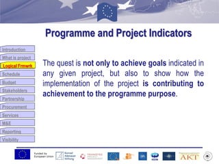 Funded by
European Union
Introduction
What is project
Logical Frmwrk
Schedule
Budget
Stakeholders
Partnership
Procurement
Services
M&E
Reporting
Visibility
Programme and Project Indicators
The quest is not only to achieve goals indicated in
any given project, but also to show how the
implementation of the project is contributing to
achievement to the programme purpose.
Logical Frmwrk
 