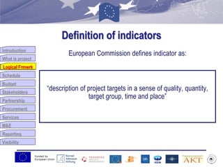 Funded by
European Union
Introduction
What is project
Logical Frmwrk
Schedule
Budget
Stakeholders
Partnership
Procurement
Services
M&E
Reporting
Visibility
Definition of indicators
European Commission defines indicator as:
“description of project targets in a sense of quality, quantity,
target group, time and place”
Logical Frmwrk
 