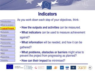 Funded by
European Union
Introduction
What is project
Logical Frmwrk
Schedule
Budget
Stakeholders
Partnership
Procurement
Services
M&E
Reporting
Visibility
Indicators
As you work down each step of your objectives, think:
• How the outputs and activities can be measured.
• What indicators can be used to measure achievement
against?
• What information will be needed, and how it can be
gathered?
• What problems, obstacles or barriers might arise to
prevent the project from progressing as planned?
• How can their impact be minimised?
Logical Frmwrk
 