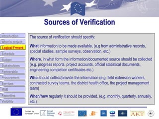 Funded by
European Union
Introduction
What is project
Logical Frmwrk
Schedule
Budget
Stakeholders
Partnership
Procurement
Services
M&E
Reporting
Visibility
Sources of Verification
Logical Frmwrk
The source of verification should specify:
What information to be made available, (e.g from administrative records,
special studies, sample surveys, observation, etc.)
Where, in what form the information/documented source should be collected
(e.g. progress reports, project accounts, official statistical documents,
engineering completion certificates etc.)
Who should collect/provide the information (e.g. field extension workers,
contracted survey teams, the district health office, the project management
team)
When/how regularly it should be provided. (e.g. monthly, quarterly, annually,
etc.)
 