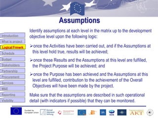 Funded by
European Union
Introduction
What is project
Logical Frmwrk
Schedule
Budget
Stakeholders
Partnership
Procurement
Services
M&E
Reporting
Visibility
Assumptions
Predpostavke
Logical Frmwrk
Identify assumptions at each level in the matrix up to the development
objective level upon the following logic:
once the Activities have been carried out, and if the Assumptions at
this level hold true, results will be achieved;
once these Results and the Assumptions at this level are fulfilled,
the Project Purpose will be achieved; and
once the Purpose has been achieved and the Assumptions at this
level are fulfilled, contribution to the achievement of the Overall
Objectives will have been made by the project.
Make sure that the assumptions are described in such operational
detail (with indicators if possible) that they can be monitored.
 