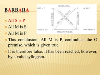 BARBARA
 All S is P
 All M is S
 All M is P
 This conclusion, All M is P, contradicts the O
premise, which is given true.
 It is therefore false. It has been reached, however,
by a valid syllogism.
 