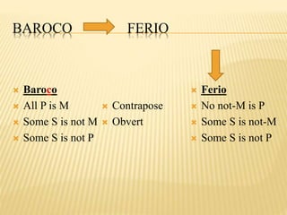 BAROCO FERIO
 Baroco
 All P is M
 Some S is not M
 Some S is not P
 Contrapose
 Obvert
 Ferio
 No not-M is P
 Some S is not-M
 Some S is not P
 