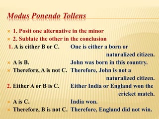 Modus Ponendo Tollens
 1. Posit one alternative in the minor
 2. Sublate the other in the conclusion
1. A is either B or C. One is either a born or
naturalized citizen.
 A is B. John was born in this country.
 Therefore, A is not C. Therefore, John is not a
naturalized citizen.
2. Either A or B is C. Either India or England won the
cricket match.
 A is C. India won.
 Therefore, B is not C. Therefore, England did not win.
 