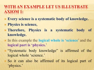 WITH AN EXAMPLE LET US ILLUSTRATE
AXIOM 1:
 Every science is a systematic body of knowledge.
 Physics is science,
 Therefore, Physics is a systematic body of
knowledge.
 In this example the logical whole is ‘science’ and the
logical part is ‘physics.’
 “Systematic body knowledge” is affirmed of the
logical whole ‘science.’
 So it can also be affirmed of its logical part of
‘physics.’
 