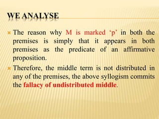 WE ANALYSE
 The reason why M is marked ‘p’ in both the
premises is simply that it appears in both
premises as the predicate of an affirmative
proposition.
 Therefore, the middle term is not distributed in
any of the premises, the above syllogism commits
the fallacy of undistributed middle.
 