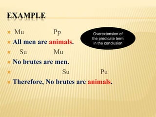 EXAMPLE
 Mu Pp
 All men are animals.
 Su Mu
 No brutes are men.
 Su Pu
 Therefore, No brutes are animals.
Overextension of
the predicate term
in the conclusion
 