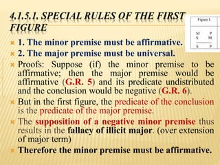 4.1.5.1. SPECIAL RULES OF THE FIRST
FIGURE
 1. The minor premise must be affirmative.
 2. The major premise must be universal.
 Proofs: Suppose (if) the minor premise to be
affirmative; then the major premise would be
affirmative (G.R. 5) and its predicate undistributed
and the conclusion would be negative (G.R. 6).
 But in the first figure, the predicate of the conclusion
is the predicate of the major premise.
 The supposition of a negative minor premise thus
results in the fallacy of illicit major. (over extension
of major term)
 Therefore the minor premise must be affirmative.
 