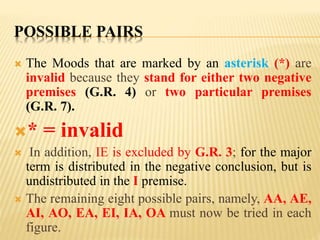 POSSIBLE PAIRS
 The Moods that are marked by an asterisk (*) are
invalid because they stand for either two negative
premises (G.R. 4) or two particular premises
(G.R. 7).
* = invalid
 In addition, IE is excluded by G.R. 3; for the major
term is distributed in the negative conclusion, but is
undistributed in the I premise.
 The remaining eight possible pairs, namely, AA, AE,
AI, AO, EA, EI, IA, OA must now be tried in each
figure.
 