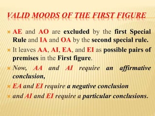 VALID MOODS OF THE FIRST FIGURE
 AE and AO are excluded by the first Special
Rule and IA and OA by the second special rule.
 It leaves AA, AI, EA, and EI as possible pairs of
premises in the First figure.
 Now, AA and AI require an affirmative
conclusion,
 EA and EI require a negative conclusion
 and AI and EI require a particular conclusions.
 