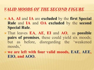 VALID MOODS OF THE SECOND FIGURE
 AA, AI and IA are excluded by the first Special
Rule and IA and OA excluded by the second
Special Rule.
 That leaves EA, AE, EI and AO, as possible
pairs of premises, these could yield six moods;
but as before, disregarding the ‘weakened
moods,’
 we are left with four valid moods, EAE, AEE,
EIO, and AOO.
 