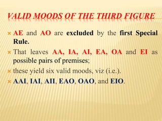 VALID MOODS OF THE THIRD FIGURE
 AE and AO are excluded by the first Special
Rule.
 That leaves AA, IA, AI, EA, OA and EI as
possible pairs of premises;
 these yield six valid moods, viz (i.e.).
 AAI, IAI, AII, EAO, OAO, and EIO.
 
