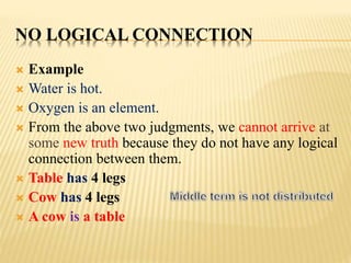 NO LOGICAL CONNECTION
 Example
 Water is hot.
 Oxygen is an element.
 From the above two judgments, we cannot arrive at
some new truth because they do not have any logical
connection between them.
 Table has 4 legs
 Cow has 4 legs
 A cow is a table
 