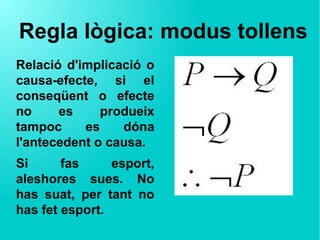 Regla lògica: modus tollens
Relació d'implicació o
causa-efecte, si el
conseqüent o efecte
no es produeix
tampoc es dóna
l'antecedent o causa.
Si fas esport,
aleshores sues. No
has suat, per tant no
has fet esport.
 