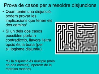 Prova de casos per a resoldre disjuncions
● Quan tenim una disjunció,
podem provar les
implicacions que tenen els
dos camins*.
● Si un dels dos casos
possibles porta a
contradicció, llavors l'altra
opció és la bona (per
sil·logisme disjuntiu).
*Si la disjunció és múltiple (més
de dos camins), operem de la
mateixa manera.
 