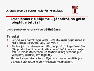 LATVIJAS LOGU UN DURVJU RAŽOTĀJU ASOCIĀCIJA
Problēmas risinājums – jānodrošina gaisa
pieplūde telpās!
Logu pamatfunkcija ir telpu vēdināšana.
To realizē:
1. Periodiski atverot loga vērtni (efektīvākais paņēmiens ir
radīt telpās caurvēju uz 5-10 min.),
2. Pielietojot t.s. ziemas ventilācijas pozīciju loga furnitūrai
(šis paņēmiens ir mazefektīvs no vēdināšanas viedokļa
izsauc telpas dzesēšanu un faktiski ir atgriešanās pie
vecajiem, neblīvajiem logiem).
Pamatā nepareizs ir formulējums «ziemas ventilācija».
Pareizi būtu saukt to par «vasaras ventilāciju».
LATVIJAS LOGU UN DURVJU RAŽOTĀJU ASOCIĀCIJA
 