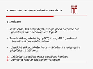 LATVIJAS LOGU UN DURVJU RAŽOTĀJU ASOCIĀCIJA
SVARĪGI!!!
- Visās ēkās, tās projektējot, svaiga gaisa pieplūde tika
paredzēta caur neblīvumiem logos!
- Jaunie stikla pakešu logi (PVC, koka, Al) ir praktiski
hermētiski bez neblīvumiem.
- Uzstādot stikla pakešu logus - obligāts ir svaiga gaisa
pieplūdes risinājums:
a) Izbūvējot speciālus gaisa pieplūdes kanālus
b) Aprīkojot logu ar speciāliem vārstiem
 