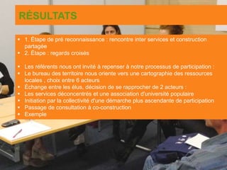 RÉSULTATS
 1. Étape de pré reconnaissance : rencontre inter services et construction
partagée
 2. Étape : regards croisés
 Les référents nous ont invité à repenser à notre processus de participation :
 Le bureau des territoire nous oriente vers une cartographie des ressources
locales , choix entre 6 acteurs
 Échange entre les élus, décision de se rapprocher de 2 acteurs :
 Les services déconcentrés et une association d'université populaire
 Initiation par la collectivité d'une démarche plus ascendante de participation
 Passage de consultation à co-construction
 Exemple
 