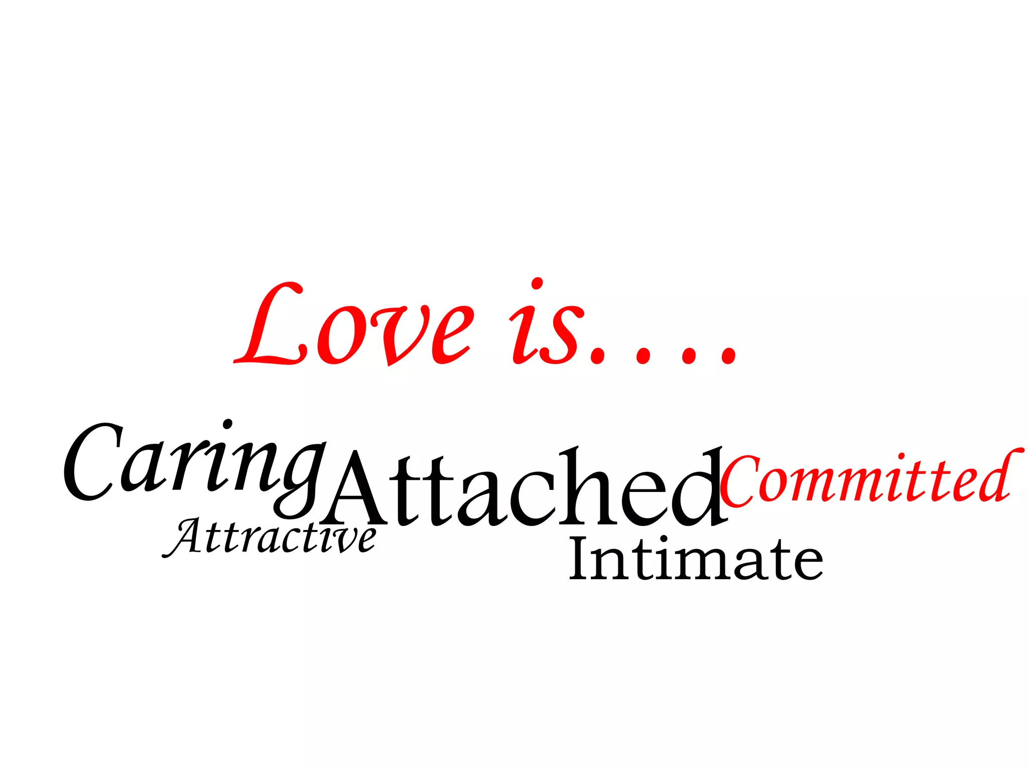 Love is….
CaringAttachedCommitted
Attractive
Intimate

 