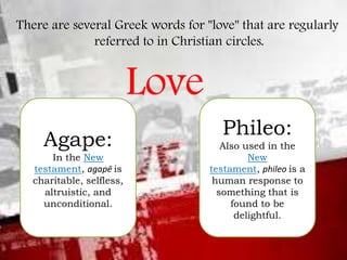 There are several Greek words for "love" that are regularly
referred to in Christian circles.

Love
Agape:
In the New
test...