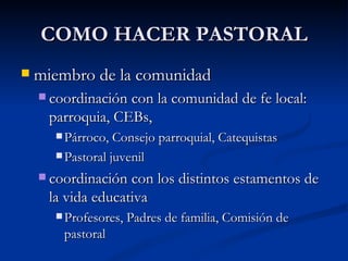COMO HACER PASTORAL miembro de la comunidad coordinación con la comunidad de fe local: parroquia, CEBs,  Párroco, Consejo parroquial, Catequistas Pastoral juvenil coordinación con los distintos estamentos de la vida educativa Profesores, Padres de familia, Comisión de pastoral 