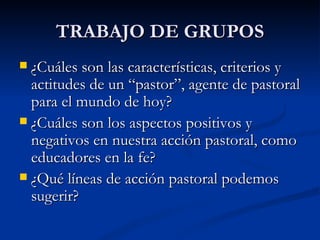 TRABAJO DE GRUPOS ¿Cuáles son las características, criterios y actitudes de un “pastor”, agente de pastoral para el mundo de hoy? ¿Cuáles son los aspectos positivos y negativos en nuestra acción pastoral, como educadores en la fe? ¿Qué líneas de acción pastoral podemos sugerir? 