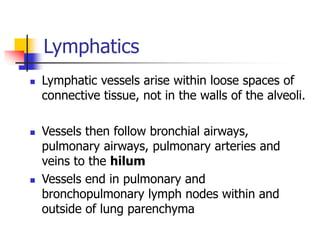 Lymphatics
 Lymphatic vessels arise within loose spaces of
connective tissue, not in the walls of the alveoli.
 Vessels then follow bronchial airways,
pulmonary airways, pulmonary arteries and
veins to the hilum
 Vessels end in pulmonary and
bronchopulmonary lymph nodes within and
outside of lung parenchyma
 