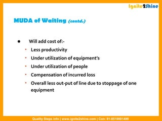MUDA of Waiting (contd.)
 Will add cost of:-
• Less productivity
• Under utilization of equipment’s
• Under utilization of people
• Compensation of incurred loss
• Overall less out-put of line due to stoppage of one
equipment
Ignite2Shine
Quality Steps info | www.ignite2shine.com | Con: 91-8510001499
 