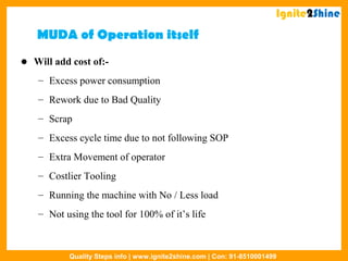 MUDA of Operation itself
 Will add cost of:-
– Excess power consumption
– Rework due to Bad Quality
– Scrap
– Excess cycle time due to not following SOP
– Extra Movement of operator
– Costlier Tooling
– Running the machine with No / Less load
– Not using the tool for 100% of it’s life
Ignite2Shine
Quality Steps info | www.ignite2shine.com | Con: 91-8510001499
 