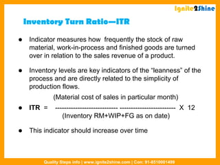  Indicator measures how frequently the stock of raw
material, work-in-process and finished goods are turned
over in relation to the sales revenue of a product.
 Inventory levels are key indicators of the “leanness” of the
process and are directly related to the simplicity of
production flows.
(Material cost of sales in particular month)
 ITR = ---------------------------- ------------------------- X 12
(Inventory RM+WIP+FG as on date)
 This indicator should increase over time
Inventory Turn Ratio—ITR
Ignite2Shine
Quality Steps info | www.ignite2shine.com | Con: 91-8510001499
 