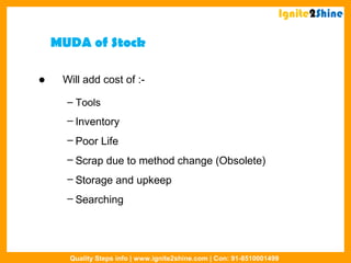  Will add cost of :-
– Tools
– Inventory
– Poor Life
– Scrap due to method change (Obsolete)
– Storage and upkeep
– Searching
MUDA of Stock
Ignite2Shine
Quality Steps info | www.ignite2shine.com | Con: 91-8510001499
 