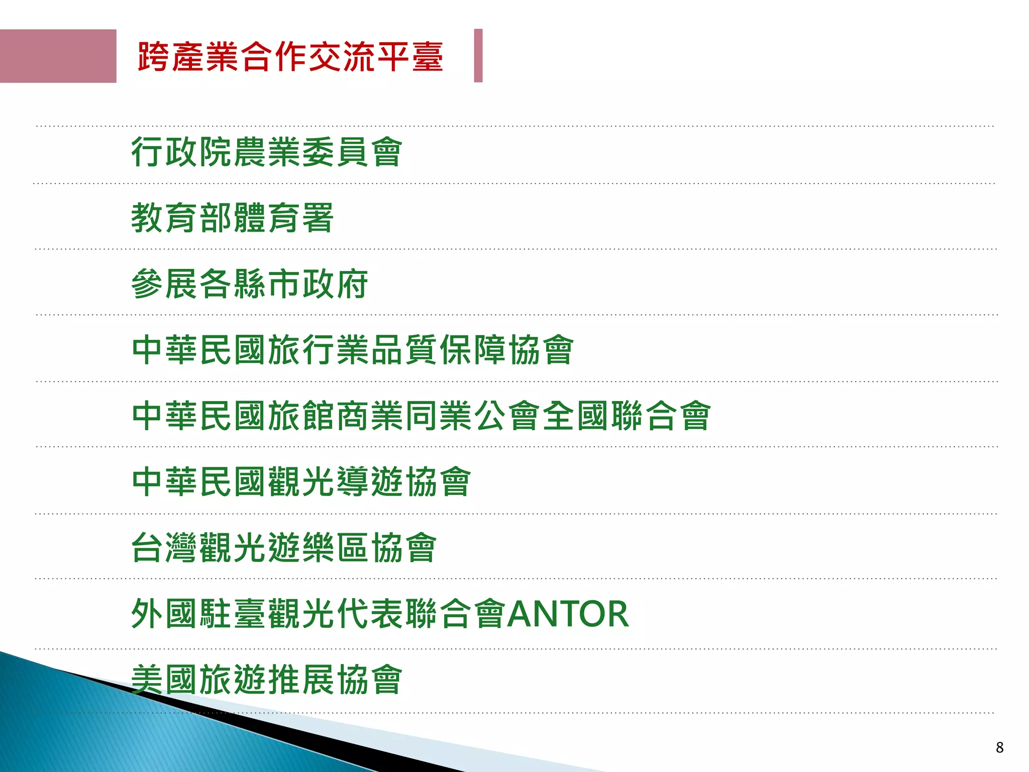 行政院農業委員會
教育部體育署
參展各縣市政府
中華民國旅行業品質保障協會
中華民國旅館商業同業公會全國聯合會
中華民國觀光導遊協會
台灣觀光遊樂區協會
外國駐臺觀光代表聯合會ANTOR
美國旅遊推展協會
跨產業合作交流平臺
8
 