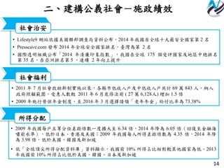 14
二、建構公義社會－施政績效
所得分配
• 2009 年我國每戶五等分位差距倍數一度擴大至 6.34 倍，2014 年降為 6.05 倍（回復至金融海
嘯前水準），低於日本、香港及美國；2009 年我國每人所得差距倍數為 4.35 倍，2014 年降
為 3.98 倍，低於美國、韓國及新加坡
• 依「全球頂尖所得分配資料庫」資料顯示，我國前 10% 所得占比相對較其他國家為低。2013
年我國前 10% 所得占比低於美國、韓國、日本及新加坡
社會福利
• 2011 年 7 月社會救助新制實施以來，各縣市低收入戶及中低收入戶共計 69 萬 843 人，納入
政府照顧範圍，受惠人數較 2011 年 6 月底修法前 ( 27 萬 6,128人) 增加 1.5 倍
• 2009 年施行勞保年金制度，至 2016 年 3 月選擇請領「老年年金」給付比率為 73.38%
社會治安
• Lifestyle9 網站依據美國聯邦調查局資料公布，2014 年我國居全球十大最安全國家第 2 名
• Presscave.com 發布 2014 年全球安全國家排名，臺灣為第 2 名
• 國際透明組織公布「2014 年清廉印象指數」，我國在全球 175 個受評國家及地區中總排名
第 35 名，在亞洲排名第 5 ，連續 2 年向上提升
 