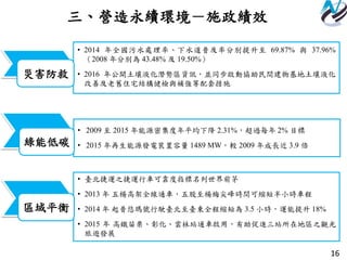 16
三、營造永續環境－施政績效
區域平衡
• 臺北捷運之捷運行車可靠度指標名列世界前茅
• 2013 年 五楊高架全線通車，五股至楊梅尖峰時間可縮短半小時車程
• 2014 年 起普悠瑪號行駛臺北至臺東全程縮短為 3.5 小時，運能提升 18%
• 2015 年 高鐵苗栗、彰化、雲林站通車啟用，有助促進三站所在地區之觀光
旅遊發展
災害防救
• 2014 年全國污水處理率、下水道普及率分別提升至 69.87% 與 37.96%
（2008 年分別為 43.48% 及 19.50%）
• 2016 年公開土壤液化潛勢區資訊，並同步啟動協助民間建物基地土壤液化
改善及老舊住宅結構健檢與補強等配套措施
16
綠能低碳
• 2009 至 2015 年能源密集度年平均下降 2.31%，超過每年 2% 目標
• 2015 年再生能源發電裝置容量 1489 MW，較 2009 年成長近 3.9 倍
 