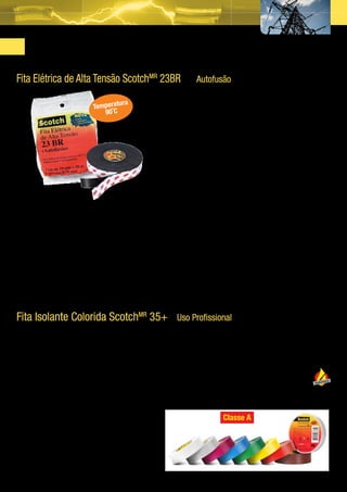 Fitas Isolantes uso Profissional
    Fita Elétrica de Alta Tensão ScotchMR 23BR                                       Autofusão

                                                  ra
                                     Temperatu
                                        90�C

                                                                        Fita de Borracha Autofusão
                                                                        A Fita Elétrica de Alta Tensão ScotchMR 23BR adapta-se a
                                                                        qualquer superfície, por mais irregular que ela seja. Seu filme
                                                                        protetor destaca-se automaticamente com o alongamento da
                                                                        fita, gerando economia de tempo e agilidade na aplicação.




    Aplicações e Vantagens                                                   Propriedades
    •	 Isolação primária de fios, cabos, emendas, terminais e                Espessura: 0,76 mm
       terminações com classe de tensão de até 69.000 V;                     Medidas disponíveis: 19 mm x 2 m, 19 mm x 5 m e 19 mm x 10 m
    •	 Vedação contra penetração de umidade pelas pontas dos cabos           Classe de temperatura: 90º C ou 130º C em regime de emergência
       elétricos durante e após instalação de acessórios (emendas,
       terminais e terminações);
    •	 Atua como isolante elétrico nas emendas e terminações de cabos
       que possam atingir a temperatura de 130█º C, em emergência;
    •	 Excelente rendimento e alongamento.




    Fita Isolante Colorida ScotchMR 35+ Uso Profissional
    São 8 cores disponíveis para identificar e isolar com                 Aplicações e Vantagens
    segurança e resistência, fios e cabos elétricos.                      •	 Isolação de fios e cabos elétricos até 750 V;
                                                                          •	 Identificação de saídas de motores, barramentos, áreas de segurança,
                                                                             chicotes de fios, etc.;
    Propriedades                                                          •	 Resistente a raios UV (Ultravioleta);
    Espessura: 0,18 mm                                                    •	 Excelente memória elástica;
    Medidas disponíveis: 19 mm x 20 m                                     •	 Atende à Norma RoHS: isenta de metais pesados, livre de chumbo.
    Classe de temperatura: 90 ºC
    Cores disponíveis: amarela, azul, branca,
    cinza, marrom, verde, vermelha e violeta                                                     Classe A
    Certificada pela TUV norma ABNT NBR NM 60454-3-1-5 na Classe A




4
 