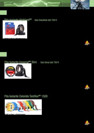 Fitas Isolantes Uso Industrial
Fita Isolante HighlandMR Uso Industrial até 750 V


                                                                   Propriedades
                                                                   Espessura: 0,15 mm
                                                                   Medidas disponíveis: 19 mm x 5 m, 19 mm x 10 m e 19 mm x 20 m
Aplicações e Vantagens                                             Classe de temperatura: 90 ºC
•	 Isolação de fios e cabos elétricos até 750 V;                   Atende à norma RoHS
•	 Proteção mecânica de cabos de ferramentas.                      Certificada pela nova norma ABNT NBR NM 60454-3-1-5, na classe B




         Fitas Isolantes Uso Geral
Fita Isolante ImperialMR Slim                                     Uso Geral até 750 V




                                                                   Propriedades
                                                                   Espessura: 0,13 mm
Aplicações e Vantagens                                             Medidas disponíveis: 18 mm x 5 m, 18 mm x 10 m e 18 mm x 20 m
•	   Pequenos reparos elétricos domésticos;                        Classe de temperatura: 90 ºC
•	   Conserto de eletrodomésticos, aparelhos eletrônicos, etc.;    Atende à norma RoHS
•	   Reforço em cabos de ferramentas, etc;                         Certificada pela nova norma ABNT NBR NM 60454-3-1-5, na classe C
•	   Manutenções provisórias.



Fita Isolante Colorida TemflexMR 1500

                                                                   São 7 cores disponíveis para identificar
                                                                   e isolar fios e cabos em geral.




                                                                   Propriedades
Aplicações e Vantagens                                             Espessura: 0,13 mm
•	 Identificação de fios e cabos elétricos com                     Medidas disponíveis: 18 mm x 10 m e 18 mm x 20 m
   temperatura de até 90 ºC;                                       Classe de temperatura: 90 ºC
•	 Identificação de barramentos;                                   Atende à norma RoHS
•	 Marcação de peças e ferramentas.                                Certificada pela nova norma ABNT NBR NM 60454-3-1-5, na classe C
                                                                   Cores disponíveis: azul, branca, vermelha, cinza, amarela, verde e marrom.

                                                                                                                                                5
 