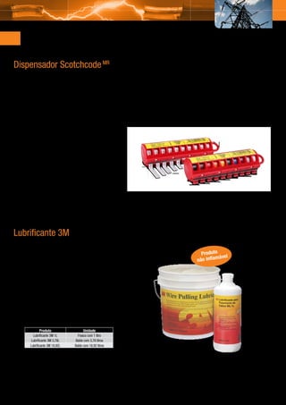 Acessórios para Instalações Elétricas
    Dispensador Scotchcode MR
    Dispensador de Fitas para Identificação STD
    Compactos, leves e práticos, os dispensadores são compostos por dez compartimentos
    recarregáveis, com as opções de códigos:
    •	 STD 0-9: dispensador carregado com dez rolos de fitas numeradas de 0 a 9;
    •	 STD-C: dispensador carregado com dez rolos de fitas nas cores: preta, azul, marrom, verde,
       cinza, laranja, vermelha, violeta, branca e amarela;
    •	 STD: dispensador vazio para completar de acordo com o código utilizado;
    •	 Refis: para reabastecimento do dispensador.


    Propriedades
    Medidas dos rolos: 5,46 mm x 2,44 m (largura x comprimento)
    Rendimento: permite aproximadamente 100 identificações
    Composição: filme de poliéster com adesivo acrílico
    Classe de temperatura: 120 ºC




    Lubrificante 3M
    Gel à Base d’Água
                                                                                                      Produto el
                                                                                                               áv
    Aplicações                                                                                      não inflam

    •	 Puxamento e arrasto de fios e cabos de energia ou
       telecomunicações;
    •	 Lubrificação de partes ou componentes em geral para arrasto;
    •	 Lubrificações temporárias contra atrito;
    •	 Não danifica a superfície do cabo;
    •	 Trabalho limpo, sem deixar resíduos e seguro.




                     Produto                Unidade
               Lubrificante 3M 1L       Frasco com 1 litro
              Lubrificante 3M 3,78L   Balde com 3,78 litros    Lançamento!

             Lubrificante 3M 18,92L   Balde com 18,92 litros   Lançamento!




8
 