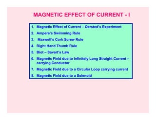 MAGNETIC EFFECT OF CURRENT - I

1. Magnetic Effect of Current – Oersted’s Experiment
2. Ampere’s Swimming Rule
3. Maxwell’s Cork Screw Rule
4. Right Hand Thumb Rule
5. Biot – Savart’s Law
6. Magnetic Field due to Infinitely Long Straight Current –
   carrying Conductor
7. Magnetic Field due to a Circular Loop carrying current
8. Magnetic Field due to a Solenoid
 