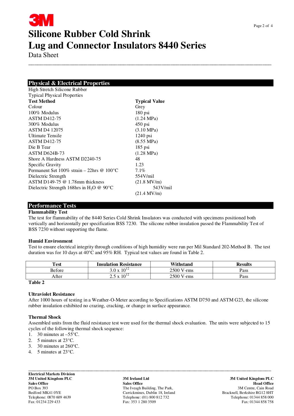 3M Silicone Cold Shrink Tubes Technical Data Sheet