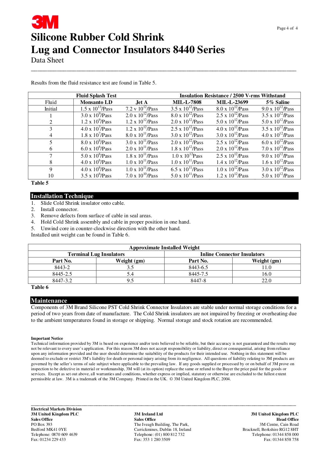 3M Silicone Cold Shrink Tubes Technical Data Sheet