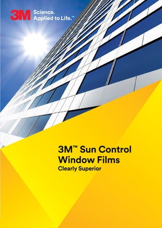 All statements, technical information and recommendations
contained in this document are based upon tests or experience that
3M believes are reliable. However, many factors beyond 3M’s
control can affect the use and performance of a 3M product in a
particular application, including the conditions under which the
product is used and the time and environmental conditions in which
the product is expected to perform. Since these factors are uniquely
within the user’s knowledge and control, it is essential that the user
evaluates the 3M product to determine whether it is fit for a
particular purpose and suitable for the user’s method or application.
Values presented have been determined by standard test methods
and are average values not meant to be used for specification
purposes.
All questions of warranty and liability relating to these 3M products
are governed by the terms of the respective sale subject, where
applicable, to the prevailing law.
3M™
Silver 15 Plastic
3M’s Silver 15 Plastic is suitable for some polycarbonate (PC) and acrylic
(PMMA) glazing used in buildings. The film is designed for use on the
external surface. Its metalised technology reflects the sun’s rays while al-
lowing optical clarity to be maintained and rejects excess light to reduce
glare. Also, depending on lighting conditions, rooms are protected against
prying eyes from looking in.
⋅	 Metalised heat gain reduction technology
⋅	 Protects plastic surface materials from weathering damage
⋅	 Keeps occupants cool and comfortable
⋅	 Abrasion resistant surface to maintain good appearance longer
3M™
Combination Films
In addition to pure Sun Control Films, 3M offers a range of combination
films that provide the protection of a safety film in combination with the
capabilities of sun control film.
3M™
Prestige Series
3M Prestige Sun Control Films are 3M’s premium solar window film
product. Its technical advantage stems from its multi-layer and metal-
free film construction based on nanotechnology. Nano-technology works
with materials that are over a thousand times smaller than the width of
a hair. It has a unique high visual light transmission, whilst offering high
heat reduction capabilities. With Prestige Window Films, you can enjoy
the benefits of a world-class window film while leaving the beauty of
your windows virtually unchanged.
⋅	Clear, non-reflective appearance maintains the original look of the
building
⋅	Highest performance possible without metal
⋅	Significant reduction in air conditioning costs
⋅	Maximum heat retention and maximum light transmission
⋅	No corrosion
3M™
Night Vision Series
3M Night Vision window film offers protection from the sun’s damaging
UV rays and controls heat and glare, while inviting warm, natural light
into the room and increasing comfort. And, unlike most other sun control
films, 3M™ Night Vision Window Film has a low interior reflectivity that
leaves your view clearer than ever, especially at night. Higher external
reflectance provides privacy against prying eyes looking in (light condi-
tion dependent).
⋅	Ensures clear views, day and night
⋅	Low interior and exterior reflectivity to ensure privacy at night
⋅	Reduces heating and cooling costs
⋅	Significant reductions of air conditioning costs
3M™
Traditional Series
The metalised technology of 3M’s Traditional Series reflects the sun’s
rays while allowing optical clarity to be maintained and rejects excess
light to reduce glare. These films provide comfort at a great price. Also,
depending on lighting conditions, rooms are protected against prying
eyes from looking in. This series is available in the colours silver, nickel,
amber, and in a neutral version.
⋅	Metalised heat gain reduction technology
⋅	Reduces heating and cooling costs
⋅	Keeps occupants cool and comfortable
⋅	Extends the life and vibrancy in furniture, fittings and fabrics
Conceptanddesign:WerbeagenturfriendswithoutpartnersGmbHCo.KG,Dortmund,Germany
3M™
Sun Control
Window Films
Clearly Superior
3M is a trademark of 3M Company.
 