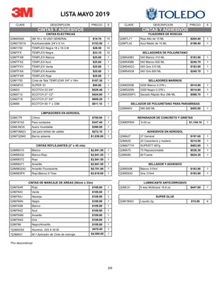 2/6
CLAVE DESCRIPCION PRECIO E CLAVE DESCRIPCION PRECIO E
LISTA MAYO 2019
Q3M40545 3M 19 x 18 USO GENERAL $14.70 10 Q3MTL71 Rojo Alto de 10 ML $204.40 1
Q3M215519 Autofusionable 3/4”x 9.1m $153.50 1 Q3MTL42 Azul Medio de 10 ML $198.40 1
Q3M1700 TEMFLEX Negra 18 x 18.3 M $28.50 10
Q3MTFX TEMFLEX Negra $23.10 10
Q3MTFXB TEMFLEX Blanca $25.60 1 Q3M540B3 540 Blanco 310 ML $183.90 1
Q3MTFXZ TEMFLEX Azul $25.60 1 Q3M540B6 540 Blanco 600 ML $240.70 1
Q3MTFXV TEMFLEX Verde $25.60 1 Q3M540G3 540 Gris 310 ML $183.90 1
Q3MTFXA TEMFLEX Amarilla $25.60 1 Q3M540G6 540 Gris 600 ML $240.70 1
Q3MTFXR TEMFLEX Roja $25.60 1
Q3M1755 Cinta de Tela TEMFLEX® 3/4" x 18m $167.30 1
Q3MSP33 SUPER 33 $94.80 1 Q3M5200B 5200 Blanco 0.378 L $514.80 1
Q3M23 SCOTCH 23 3/4" $529.40 1 Q3M5200N 5200 Negro 0.378 L $514.80 1
Q3M2712 SCOTCH 27 1/2" $424.60 1 Q3M5200FC Secado Rápido Bco 296 ML $588.70 1
Q3M2718 SCOTCH 27 3/4" $609.20 1
Q3M69 SCOTCH 69 1" x 33M $611.10 1
Q3M590V 590 600 ML $405.90 1
Q3MCTR Cítrico $795.90 1
Q3M16102 Para contactos $347.40 1 Q3MDP600 8.04 oz. $1,154.10 1
Q3MLINOX Acero Inoxidable $390.00 1
Q3M736623 Gel para teñido de cables $272.10 1
Q3M732945 Barniz aislante $1,036.00 1 Q3MA27 27 General $197.60 1
Q3MA20 20 Carpintería y madera $214.50 1
Q3MA7716 SUPER77 467g $483.60 1
Q3M98310 Blanco $2,941.50 1 Q3MA75 75 Reposicionable $536.30 1
Q3M98332 Blanco-Rojo $2,941.50 1 Q3MA90 90 Fuerte $624.30 1
Q3M98372 Rojo $2,941.50 1
Q3M98371 Amarillo $2,941.50 1
Q3M983242 Amarillo Fluorecente $5,701.90 1 Q3M550B Blanco 310ml $183.90 1
Q3M983PX Rojo-Blanco 6 Tiras $2,618.60 1 Q3M550G Gris 310ml $183.90 1
Q3M764R Rojo $109.80 1 Q3ML51 5 way Multiusos 16.8 oz $447.80 1
Q3M764V Verde $109.80 1
Q3M764J Naranja $109.80 1
Q3M764N Negro $109.80 1 Q3M18003 Líquido 2g $15.00 6
Q3M764B Blanco $109.80 1
Q3M764Z Azul $109.80 1
Q3M764M Amarillo $109.80 1
Q3M764G Gris $109.80 1
Q3M766 Negro/Amarillo $109.80 1
*Q3M425A Aluminio .025 X 55 M $470.00 1
*Q3MA01 M-1 Aplicador de Cinta de marcaje $4,500.00 1
*Por descontinuar
CINTAS REFLEJANTES (2" x 45 mts)
LIMPIADORES EN AEROSOL
SUPER GLUE
LUBRICANTE ANTICORROSIVO
REPARADOR DE CONCRETO Y GRIETAS
CINTAS DE MARCAJE DE AREAS (50mm x 33m)
FIJADORES DE ROSCAS
SELLADOR DE POLIURETANO PARA PARABRISAS
SELLADORES DE POLIURETANO
SELLADORES MARINOS
SELLADOR Y ADHESIVO
ADHESIVOS EN AEROSOL
CINTAS Y ADHESIVOS
CINTAS ELECTRICAS
CINTAS Y ADHESIVOS
 
