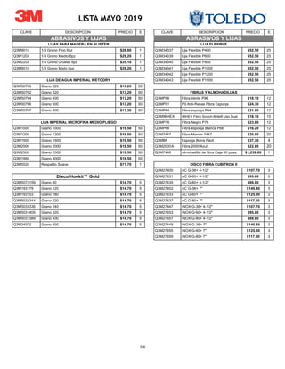 3/6
CLAVE DESCRIPCION PRECIO E CLAVE DESCRIPCION PRECIO E
LISTA MAYO 2019
Q3M9015 1/3 Grano Fino 6pz $28.80 1 Q3M34337 Lija Flexible P400 $52.50 25
Q3M1203 1/3 Grano Medio 6pz $29.20 1 Q3M34339 Lija Flexible P600 $52.50 25
Q3M2203 1/3 Grano Grueso 6pz $35.10 1 Q3M34340 Lija Flexible P800 $52.50 25
Q3M9019 1/3 Grano Mixto 6pz $29.20 1 Q3M34341 Lija Flexible P1000 $52.50 25
Q3M34342 Lija Flexible P1200 $52.50 25
Q3M34343 Lija Flexible P1500 $52.50 25
Q3M50789 Grano 220 $13.20 50
Q3M50792 Grano 320 $13.20 50
Q3M50794 Grano 400 $13.20 50 Q3MP96 Fibra Verde P96 $18.10 12
Q3M50796 Grano 600 $13.20 50 Q3MP01 P0 Anti-Rayas Fibra Esponja $24.30 12
Q3M50797 Grano 800 $13.20 50 Q3MP94 Fibra esponja P94 $21.60 12
Q3M96HEX 96HEX Fibra Scotch-Brite® Uso Dual $18.10 15
Q3MP76 Fibra Negra P76 $23.80 12
Q3M1000 Grano 1000 $19.50 50 Q3MP66 Fibra esponja Blanca P66 $16.20 12
Q3M1200 Grano 1200 $19.50 50 Q3M7447 Fibra Marrón 7447 $20.60 20
Q3M1500 Grano 1500 $19.50 50 Q3MBF Esponja Borra Fácil $37.30 4
Q3M2000 Grano 2000 $19.50 50 Q3M2000A Fibra 2000 Azul $22.80 20
Q3M2500 Grano 2500 $19.50 50 Q3M7448 Almohadilla de fibra Caja 60 pzas. $1,238.80 1
Q3M1998 Grano 3000 $19.50 50
Q3M5526 Respaldo Suave $71.70 1
Q3M27400 AC G-36+ 4-1/2" $107.70 3
Q3M27631 AC G-60+ 4-1/2" $95.80 0
Q3M5073159 Grano 80 $14.70 5 Q3M27635 AC G-80+ 4-1/2" $89.80 3
Q3M193179 Grano 120 $14.70 5 Q3M27402 AC G-36+ 7" $140.80 3
Q3M193153 Grano 180 $14.70 5 Q3M27633 AC G-60+ 7" $125.00 3
Q3M5033344 Grano 220 $14.70 5 Q3M27637 AC G-80+ 7" $117.60 3
Q3M5033336 Grano 240 $14.70 5 Q3M27447 INOX G-36+ 4-1/2" $107.70 3
Q3M5031405 Grano 320 $14.70 5 Q3M27653 INOX G-60+ 4-1/2" $95.80 3
Q3M5031389 Grano 400 $14.70 5 Q3M27657 INOX G-80+ 4-1/2" $89.80 3
Q3M34972 Grano 600 $14.70 5 Q3M27449 INOX G-36+ 7" $140.80 3
Q3M27655 INOX G-60+ 7" $125.00 3
Q3M27659 INOX G-80+ 7" $117.60 3
ABRASIVOS Y LIJASABRASIVOS Y LIJAS
DISCO FIBRA CUBITRON II
LIJA IMPERIAL MICROFINA MEDIO PLIEGO
LIJA DE AGUA IMPERIAL WETODRY
Disco Hookit™ Gold
LIJA FLEXIBLE
FIBRAS Y ALMOHADILLAS
LIJAS PARA MADERA EN BLISTER
 