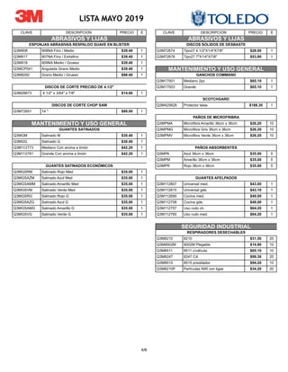 4/6
CLAVE DESCRIPCION PRECIO E CLAVE DESCRIPCION PRECIO E
LISTA MAYO 2019
Q3M908 908NA Fino / Medio $39.40 1 Q3M72674 Tipo27 4.1/2"X1/4"X7/8" $28.00 1
Q3M917 907NA Fino / Extrafino $39.40 1 Q3M72678 Tipo27 7"X1/4"X7/8" $53.80 1
Q3M918 909NA Medio / Grueso $39.40 1
Q3MCP041 Angulada Grano Medio $39.40 1
Q3M9292 Grano Medio / Grueso $98.40 1
Q3M17001 Mediano 2pz $65.10 1
Q3M17003 Grande $65.10 1
Q3M28673 4 1/2" x 3/64" x 7/8" $14.60 1
Q3M425626 Protector telas $188.30 1
Q3M72651 14 " $89.00 1
Q3MPMA Microfibra Amarillo 36cm x 36cm $26.20 10
Q3MPMG Microfibra Gris 36cm x 36cm $26.20 10
Q3MGM Satinado M $30.40 1 Q3MPMV Microfibra Verde 36cm x 36cm $26.20 10
Q3MGG Satinado G $30.40 1
Q3M112773 Mediano Con aroma a limón $42.20 1
Q3M112781 Grande Con aroma a limón $42.20 1 Q3MPA Azul 36cm x 36cm $35.00 5
Q3MPM Amarillo 36cm x 36cm $35.00 5
Q3MPR Rojo 36cm x 36cm $35.00 5
Q3MGSRM Satinado Rojo Med $35.00 1
Q3MGSAZM Satinado Azul Med $35.00 1
Q3MGSAMM Satinado Amarillo Med $35.00 1 Q3M112807 Universal med. $43.00 1
Q3MGSVM Satinado Verde Med $35.00 1 Q3M112815 Universal gde. $43.10 1
Q3MGSRG Satinado Rojo G $35.00 1 Q3M112690 Cocina med. $49.00 1
Q3MGSAZG Satinado Azul G $35.00 1 Q3M112708 Cocina gde. $49.00 1
Q3MGSAMG Satinado Amarillo G $35.00 1 Q3M112757 Uso rudo ch. $64.20 1
Q3MGSVG Satinado Verde G $35.00 1 Q3M112765 Uso rudo med. $64.20 1
Q3M8210 8210 $31.50 20
Q3M9002M 9002M Plegable $14.90 10
Q3M8511 8511 c/válvula $65.10 10
Q3M8247 8247 CA $99.30 20
Q3M8515 8515 p/soldador $94.20 10
Q3M8210P Partículas N95 con ligas $34.20 20
SEGURIDAD INDUSTRIAL
ABRASIVOS Y LIJAS
PAÑOS ABSORBENTES
RESPIRADORES DESECHABLES
GANCHOS COMMAND
SCOTCHGARD
PAÑOS DE MICROFRIBRA
MANTENIMIENTO Y USO GENERAL
GUANTES SATINADOS
GUANTES SATINADOS ECONÓMICOS
DISCOS DE CORTE CHOP SAW
GUANTES AFELPADOS
DISCOS DE CORTE PRECISO DE 4.1/2"
DISCOS SOLIDOS DE DESBASTE
MANTENIMIENTO Y USO GENERAL
ABRASIVOS Y LIJAS
ESPONJAS ABRASIVAS RESPALDO SUAVE EN BLISTER
 