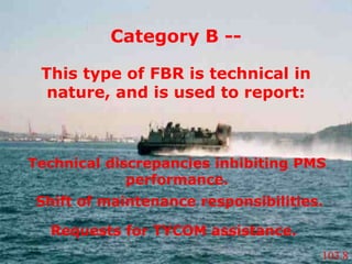 This type of FBR is technical in
nature, and is used to report:
Technical discrepancies inhibiting PMS
performance.
Shift of maintenance responsibilities.
Requests for TYCOM assistance.
Category B --
103.8
 