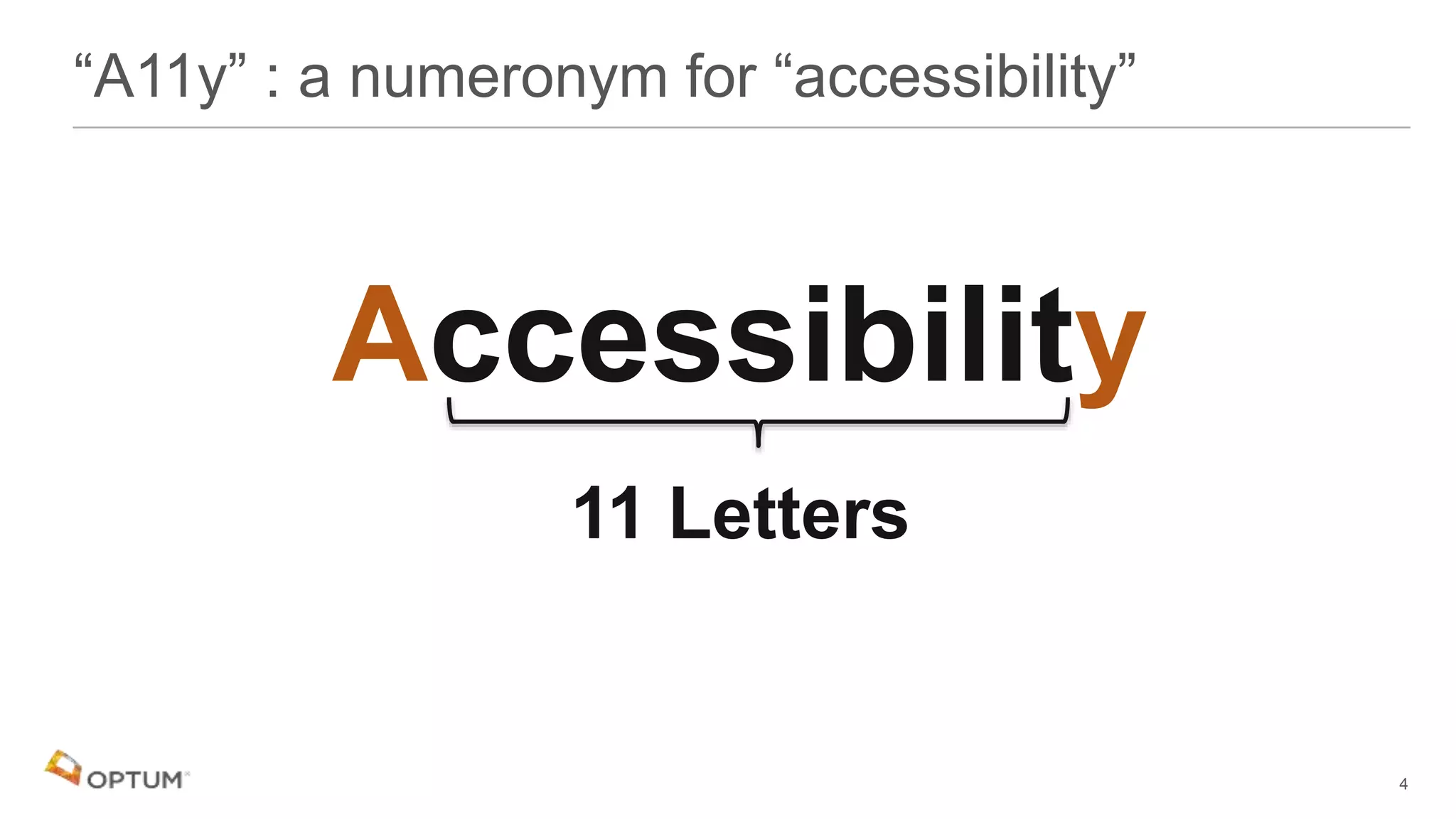 Accessibility
11 Letters
“A11y” : a numeronym for “accessibility”
4
 