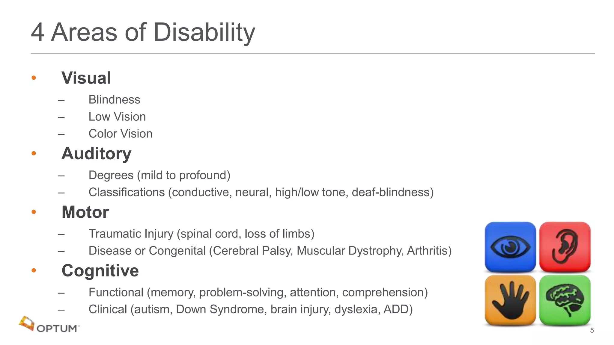 • Visual
– Blindness
– Low Vision
– Color Vision
• Auditory
– Degrees (mild to profound)
– Classifications (conductive, neural, high/low tone, deaf-blindness)
• Motor
– Traumatic Injury (spinal cord, loss of limbs)
– Disease or Congenital (Cerebral Palsy, Muscular Dystrophy, Arthritis)
• Cognitive
– Functional (memory, problem-solving, attention, comprehension)
– Clinical (autism, Down Syndrome, brain injury, dyslexia, ADD)
4 Areas of Disability
5
 