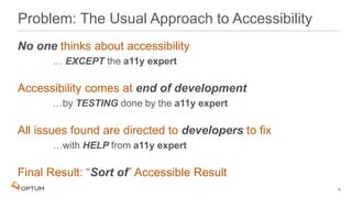 No one thinks about accessibility
… EXCEPT the a11y expert
Accessibility comes at end of development
…by TESTING done by the a11y expert
All issues found are directed to developers to fix
…with HELP from a11y expert
Final Result: “Sort of” Accessible Result
Problem: The Usual Approach to Accessibility
9
 