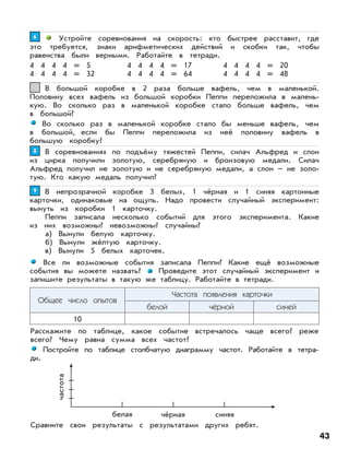Устройте соревнования на скорость: кто быстрее расставит, где
это требуется, знаки арифметических действий и скобки так, чтобы
равенства были верными. Работайте в тетради.
4 4 4 4 = 5 4 4 4 4 = 17 4 4 4 4 = 20
4 4 4 4 = 32 4 4 4 4 = 64 4 4 4 4 = 48
66
В большой коробке в 2 раза больше вафель, чем в маленькой.
Половину всех вафель из большой коробки Пеппи переложила в малень-
кую. Во сколько раз в маленькой коробке стало больше вафель, чем
в большой?
Во сколько раз в маленькой коробке стало бы меньше вафель, чем
в большой, если бы Пеппи переложила из неё половину вафель в
большую коробку?
77
В соревнованиях по подъёму тяжестей Пеппи, силач Альфред и слон
из цирка получили золотую, серебряную и бронзовую медали. Силач
Альфред получил не золотую и не серебряную медали, а слон – не золо-
тую. Кто какую медаль получил?
88
В непрозрачной коробке 3 белых, 1 чёрная и 1 синяя картонные
карточки, одинаковые на ощупь. Надо провести случайный эксперимент:
вынуть из коробки 1 карточку.
Пеппи записала несколько событий для этого эксперимента. Какие
из них возможны? невозможны? случайны?
а) Вынули белую карточку.
б) Вынули жёлтую карточку.
в) Вынули 5 белых карточек.
Все ли возможные события записала Пеппи? Какие ещё возможные
события вы можете назвать? Проведите этот случайный эксперимент и
запишите результаты в такую же таблицу. Работайте в тетради.
99
Расскажите по таблице, какое событие встречалось чаще всего? реже
всего? Чему равна сумма всех частот?
Постройте по таблице столбчатую диаграмму частот. Работайте в тетра-
ди.
Общее число опытов
Частота появления карточки
белой чёрной синей
10
белая
частота
чёрная синяя
Сравните свои результаты с результатами других ребят.
43
 